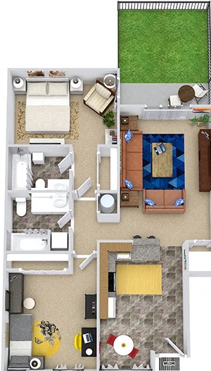 The Millwood with Fenced-in Yard 3D Millwood 2 bedroom apartment with yard. Eat-in Kitchen open to living area. 2 baths. in-unit laundry. large closets in bedrooms. patio